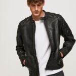 Men Black Pepe Jeans Lamb Leather Biker Jacket 60J40835