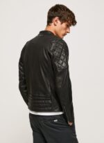 Men Black Pepe Jeans Lamb Leather Biker Jacket 60J40835 - Image 5