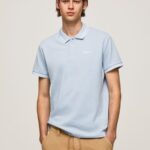 Men Bleach Blue Pepe Jeans Embroidered Logo Pique Polo Shirt 60J401080
