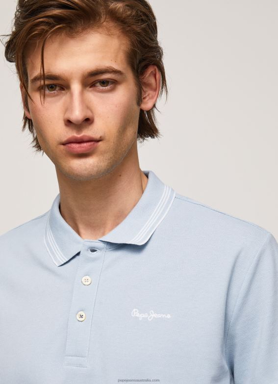 Men Bleach Blue Pepe Jeans Embroidered Logo Pique Polo Shirt 60J401080 - Image 3