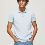 Men Bleach Blue Pepe Jeans Embroidered Logo Pique Polo Shirt 60J401096