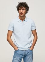 Men Bleach Blue Pepe Jeans Embroidered Logo Pique Polo Shirt 60J401096