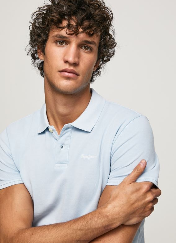 Men Bleach Blue Pepe Jeans Embroidered Logo Pique Polo Shirt 60J401096 - Image 3