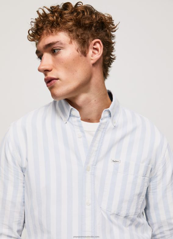 Men Bleach Blue Pepe Jeans Lucius Slim Striped Oxford Shirt 60J401026 - Image 5