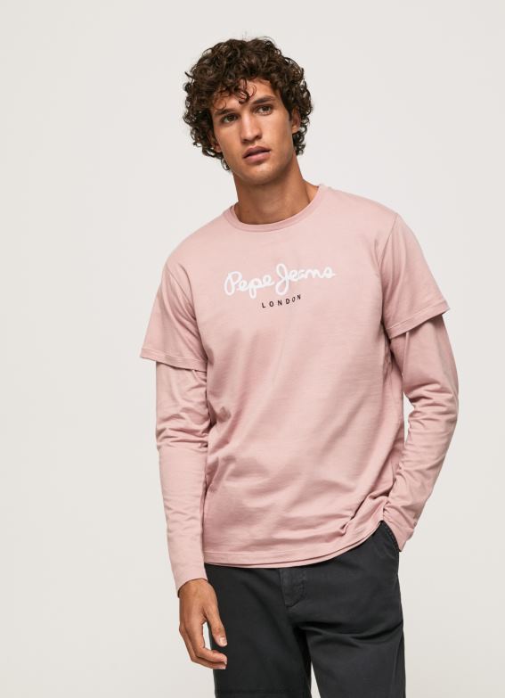 Men Bleach Pink Pepe Jeans Printed Logo Cotton T-Shirt 60J40917 - Image 2