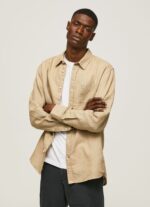 Men Camel Pepe Jeans Parker Long Sleeved Shirt 60J401039 - Image 3