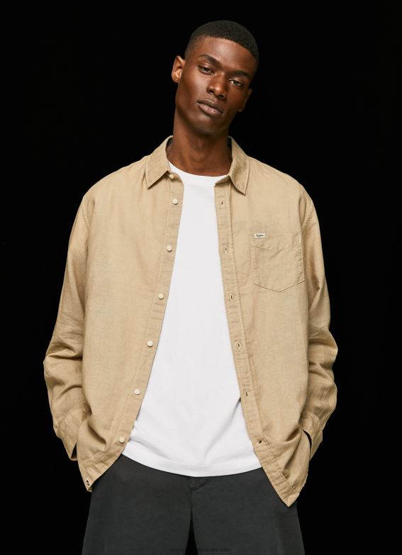 men_camel_pepe_jeans_parker_long_sleeved_shirt_60j401039.jpg Men Camel Pepe Jeans Parker Long Sleeved Shirt 60J401039 - Image 1