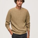 Men Camel Pepe Jeans Waffle Knit Cotton Jersey 60J40855
