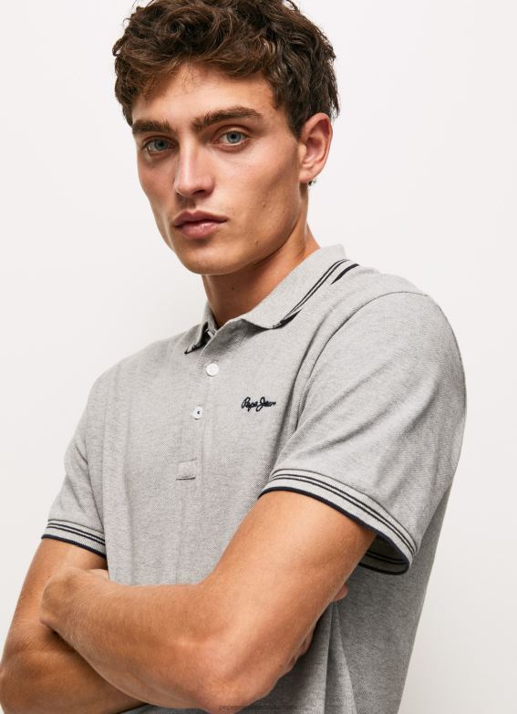 men_grey_marl_pepe_jeans_embroidered_logo_pique_polo_shirt_60j401077.jpg Men Grey Marl Pepe Jeans Embroidered Logo Pique Polo Shirt 60J401077 - Image 1