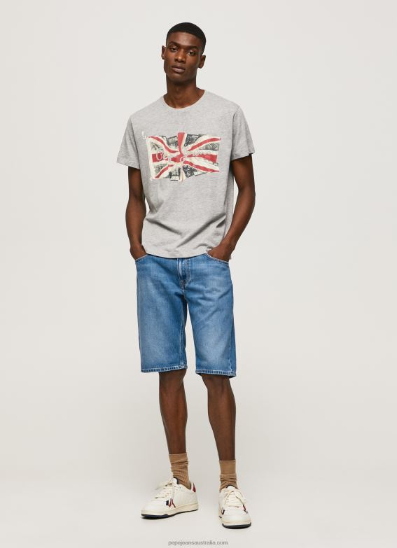 Men Grey Marl Pepe Jeans Flag Logo N Waving Flag T-Shirt 60J40936 - Image 2