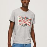 Men Grey Marl Pepe Jeans Flag Logo N Waving Flag T-Shirt 60J40936