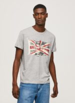 Men Grey Marl Pepe Jeans Flag Logo N Waving Flag T-Shirt 60J40936
