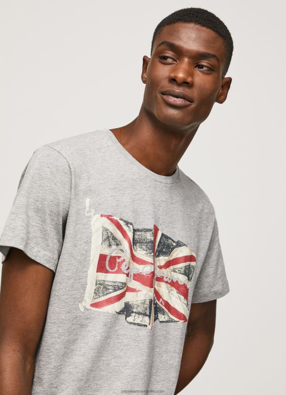 Men Grey Marl Pepe Jeans Flag Logo N Waving Flag T-Shirt 60J40936 - Image 3
