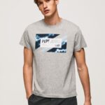Men Grey Marl Pepe Jeans Flag Print Cotton T-Shirt 60J40957