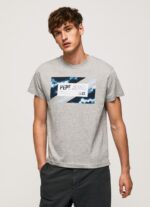 Men Grey Marl Pepe Jeans Flag Print Cotton T-Shirt 60J40957
