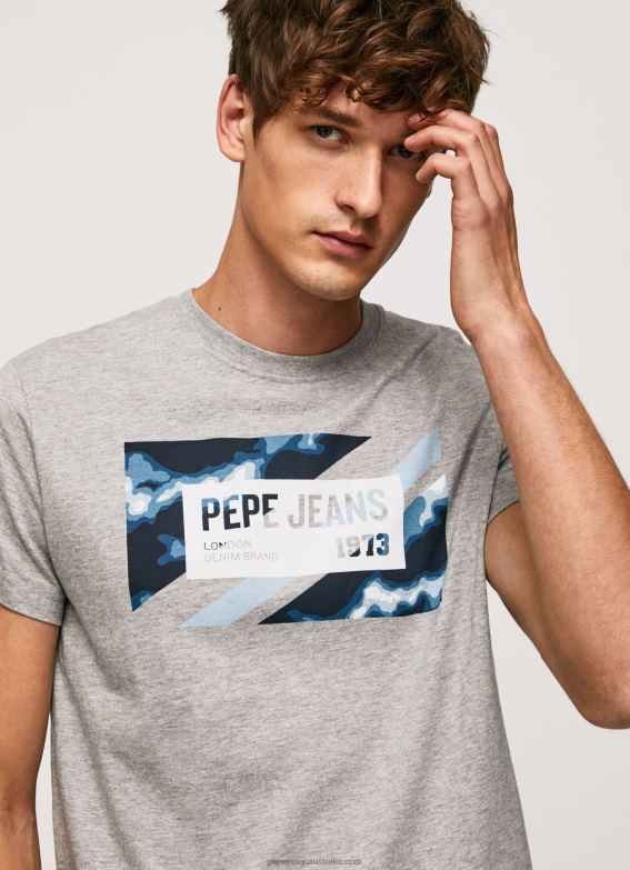Men Grey Marl Pepe Jeans Flag Print Cotton T-Shirt 60J40957 - Image 3