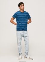 Men Indigo Pepe Jeans Striped Printed Cotton T-Shirt 60J40966 - Image 2