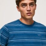 Men Indigo Pepe Jeans Striped Printed Cotton T-Shirt 60J40966