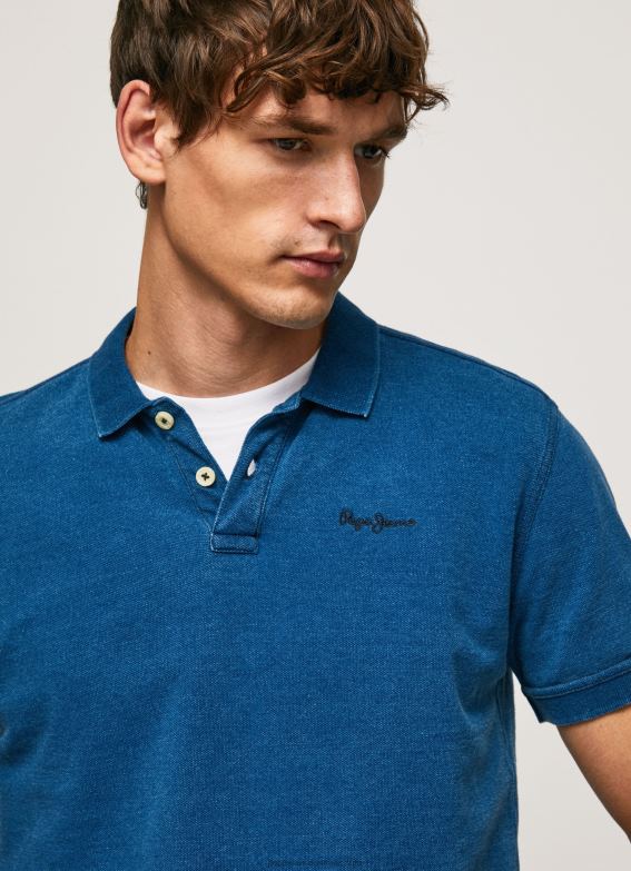 Men Indigo Pepe Jeans Worn-Effect Cotton Polo Shirt 60J401079 - Image 3