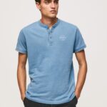 Men Light Blue Pepe Jeans Baker Collar Cotton T-Shirt 60J40965