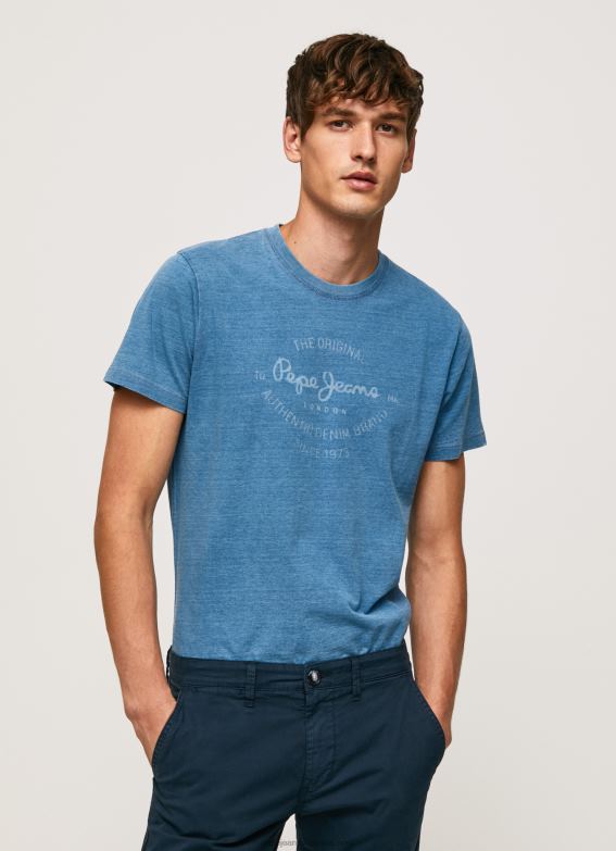 Men Light Blue Pepe Jeans Printed Logo Cotton T-Shirt 60J40967 - Image 3