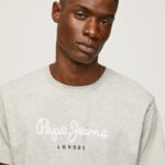 Men Light Grey Marl Pepe Jeans Printed Logo Cotton T-Shirt 60J40918