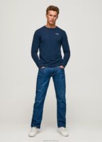 Men Navy Pepe Jeans Long-Sleeved Cotton T-Shirt 60J401009 - Image 2