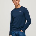 Men Navy Pepe Jeans Long-Sleeved Cotton T-Shirt 60J401009