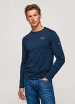 Men Navy Pepe Jeans Long-Sleeved Cotton T-Shirt 60J401009