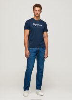 Men Navy Pepe Jeans Printed Logo Cotton T-Shirt 60J40999 - Image 2