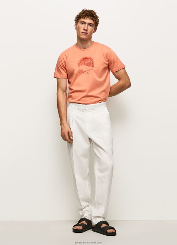 Men Squash Orange Pepe Jeans Worn-Effect Logo T-Shirt 60J40964 - Image 2