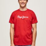 Men Studio Red Pepe Jeans Printed Logo Cotton T-Shirt 60J401016