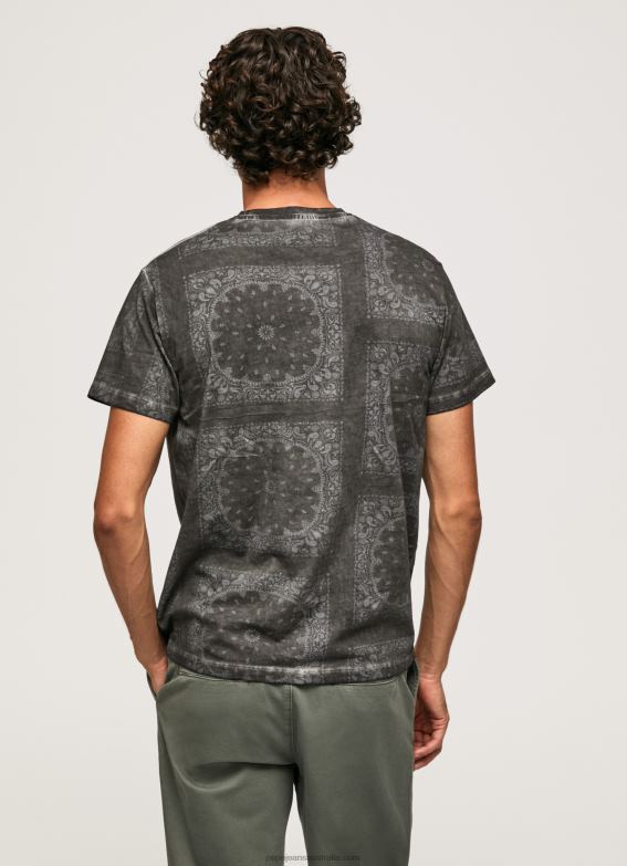 Men Washed Black Pepe Jeans Bandana Print Cotton T-Shirt 60J40937 - Image 4
