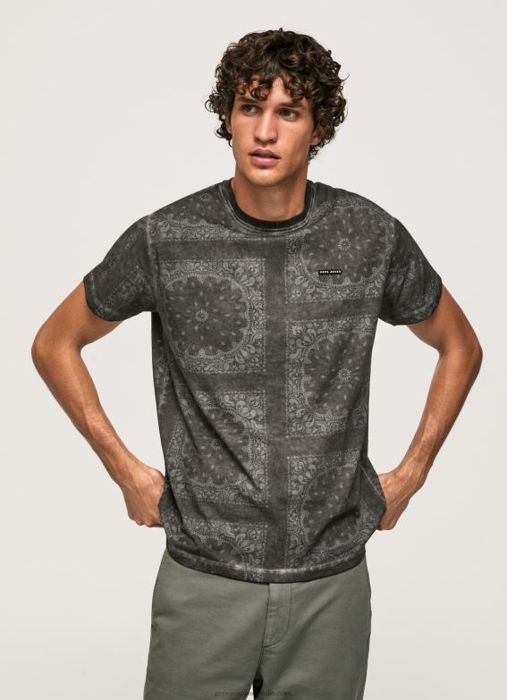 Men Washed Black Pepe Jeans Bandana Print Cotton T-Shirt 60J40937 - Image 1