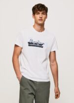 Men White Pepe Jeans Cotton T-Shirt With Brushes Logo 60J40930