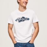 Men White Pepe Jeans Cotton T-Shirt With Brushes Logo 60J40952