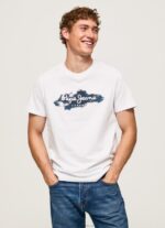 Men White Pepe Jeans Cotton T-Shirt With Brushes Logo 60J40952
