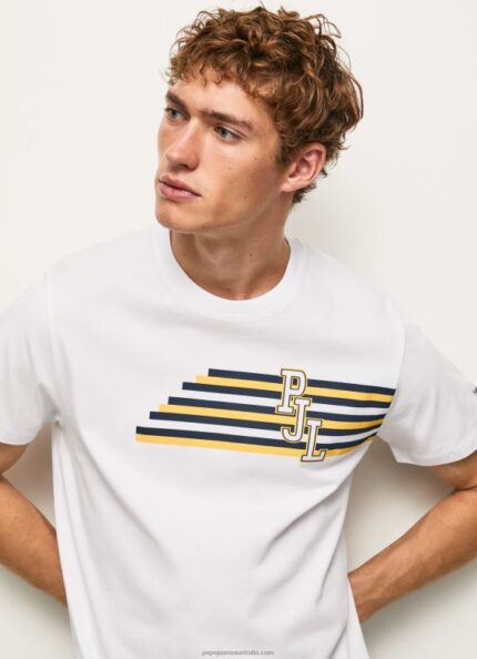 Men White Pepe Jeans Letters Logo T-Shirt 60J40977