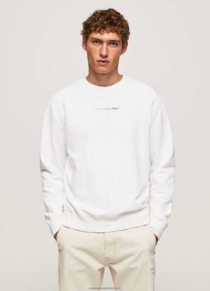 Men White Pepe Jeans Logo Printed Cotton Sweatshirt 60J40897