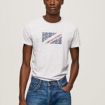 Men White Pepe Jeans Marbled Logo Print T-Shirt 60J40987