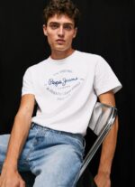 Men White Pepe Jeans Printed Logo Cotton T-Shirt 60J40921