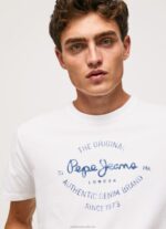 Men White Pepe Jeans Printed Logo Cotton T-Shirt 60J40921 - Image 4