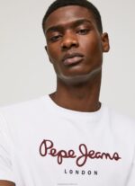 Men White Pepe Jeans Printed Logo Cotton T-Shirt 60J40998 - Image 3