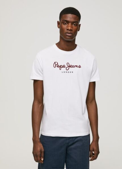 Men White Pepe Jeans Printed Logo Cotton T-Shirt 60J40998