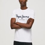 Men White Pepe Jeans Short-Sleeved Cotton T-Shirt 60J401002