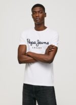 Men White Pepe Jeans Short-Sleeved Cotton T-Shirt 60J401002