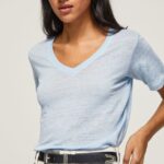 Women Bay Pepe Jeans Linen V-Neck T-Shirt 60J40466