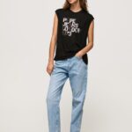 Women Black Pepe Jeans Armhole Sleeves Logo T-Shirt 60J40419