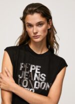 Women Black Pepe Jeans Armhole Sleeves Logo T-Shirt 60J40419 - Image 3