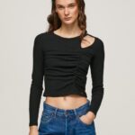 Women Black Pepe Jeans Asymmetrical Long Sleeve T-Shirt 60J40405